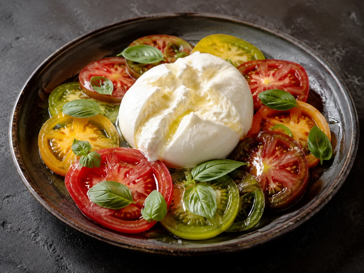 Creamy burrata with sliced heritage tomatoes and fresh basil