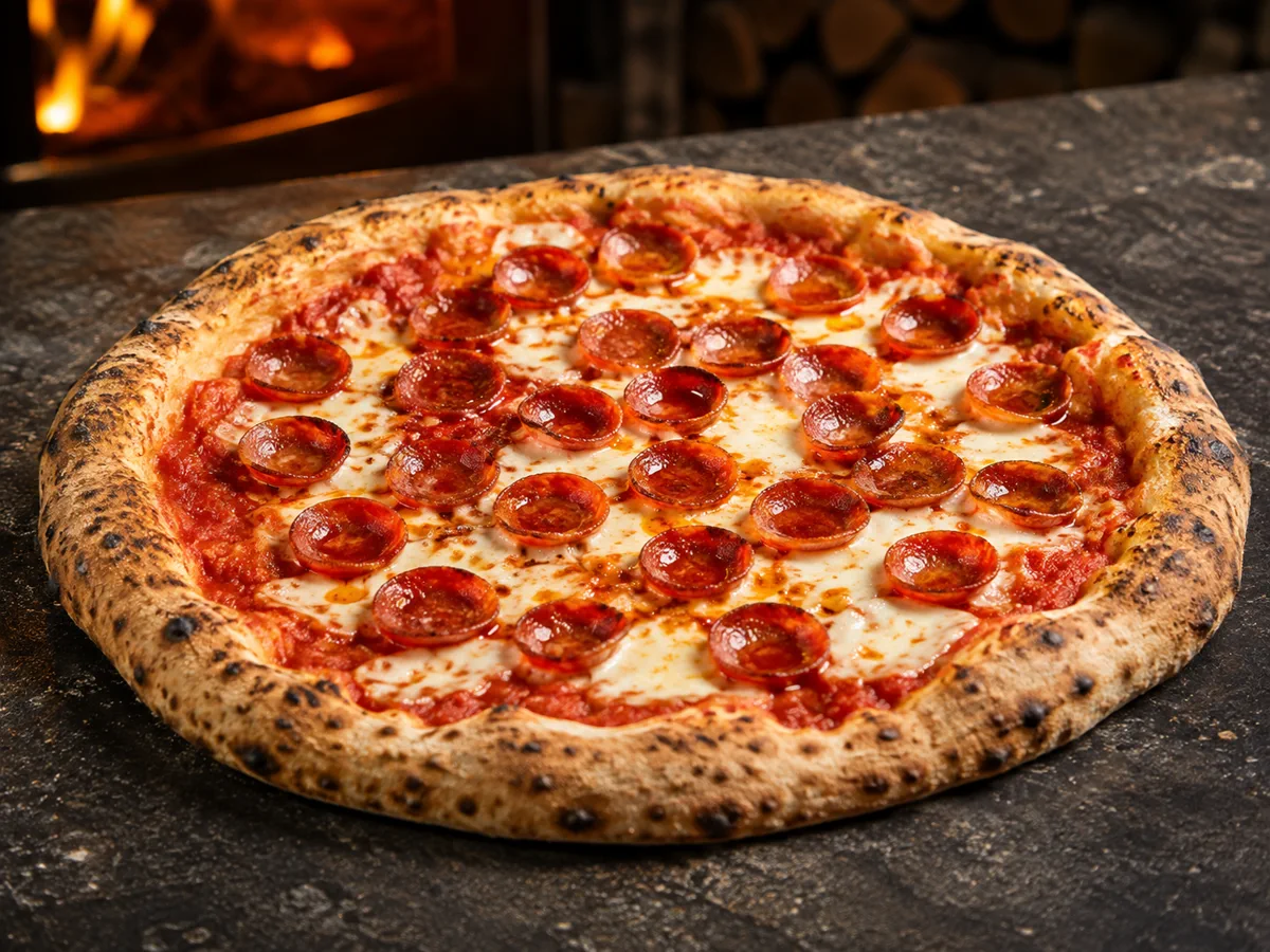 Firehouse Pepperoni pizza with mozzarella and crisp-edged pepperoni