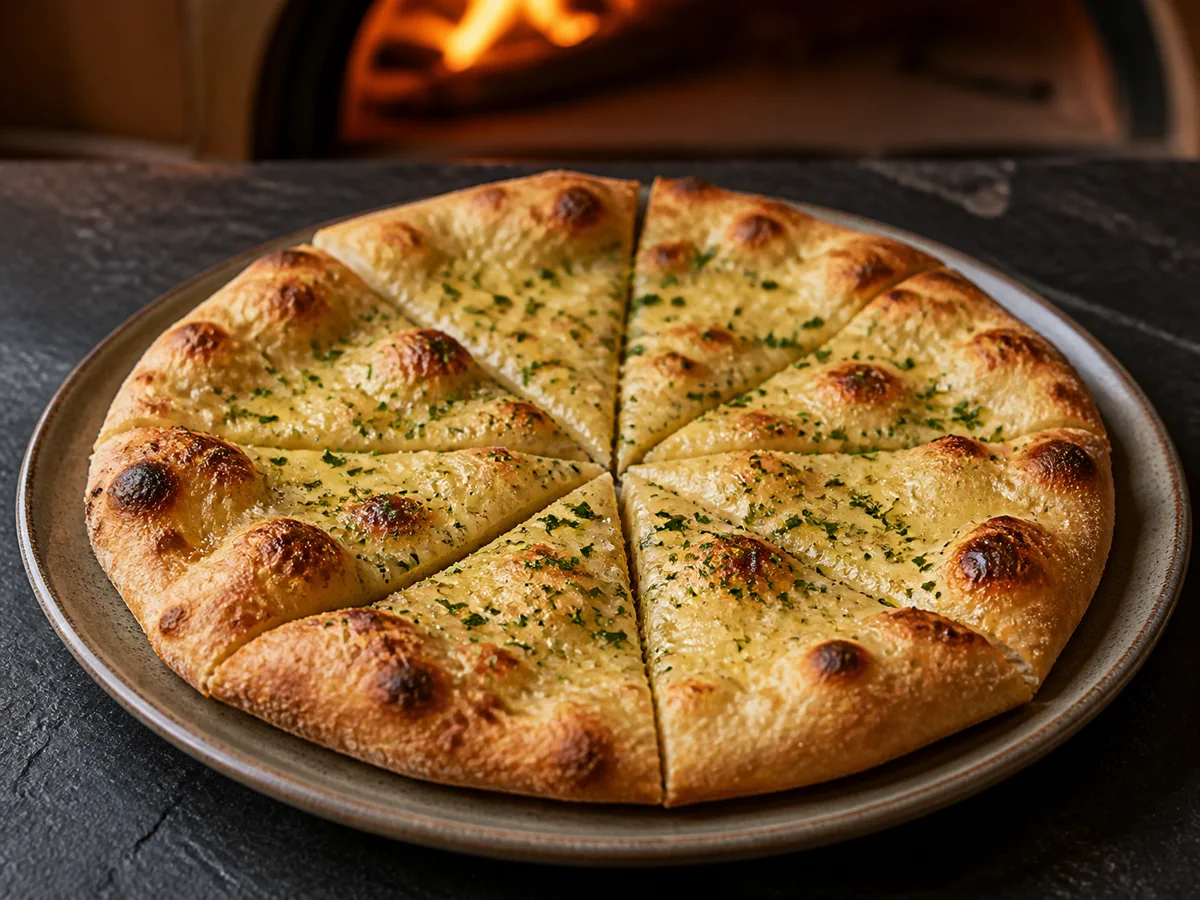 Sliced garlic flatbread with parsley and sea salt