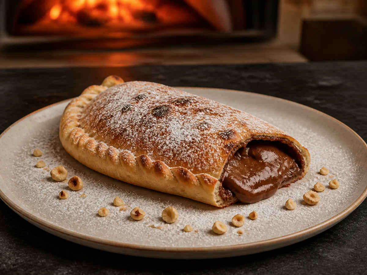 Baked chocolate-hazelnut calzone dusted with icing sugar